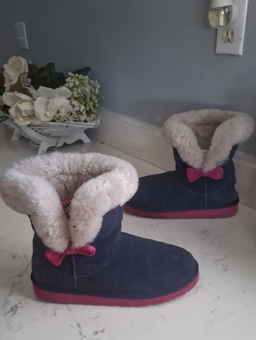 UGG Navy Womens Shearling Boots with Pink Trim and Bow